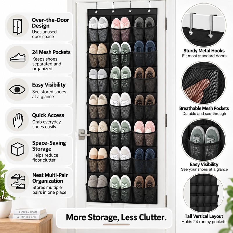 Over-the-Door Shoe Organizer for Space-Saving Storage – Foldable Mesh Pockets