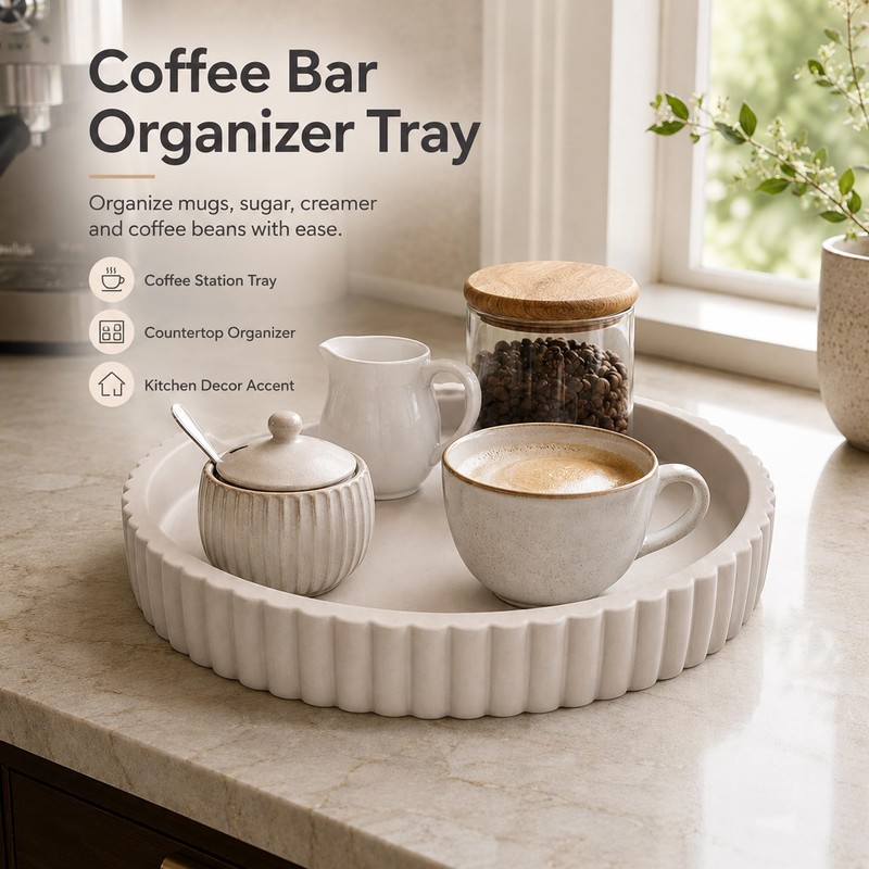 11" Concrete Coffee Table Tray, Cream Round Decorative Tray for