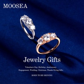MOOSEA Moissanite Rings for Women, 2CT D Color VVS1 Clarity Lab Created Diamond Wedding Rings 14K Rose Gold Vermeil 3 Stone Moissanite Anniversary Rings for Women Engagement Rings Jewelry Gifts