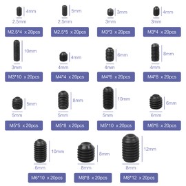 Pack of 300 Grub Screws Assortment M2.5 M3 M4 M5 M6 M8 Screws Set Carbon Steel Hex Screw Set with Allen Key with Storage Box (Black)