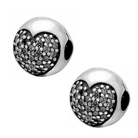 2PCS Love of My Life Clip Lock Charms Genuine 925 Sterling Silver Heart Crystal Clips Stopper Bead For European Bracelet (Clear Stone)