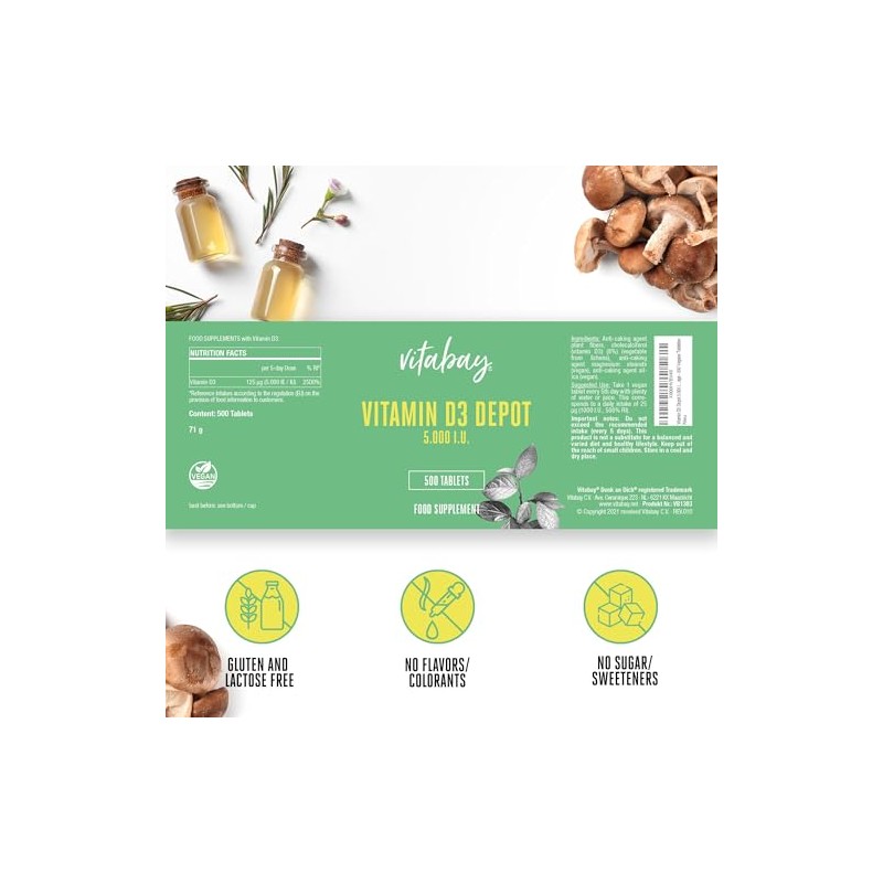 Vitabay Vitamin D3 Depot Hochdosiert 5000 IE - 500 Vegane