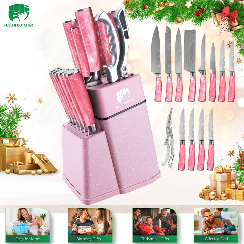 FULLHI 14pcs Block Knife Set, Chef's Knife Steak Knives Set