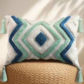 Kokaaee Lumbar Pillow Covers 12x20 - Tufted Decorative Throw Pillow Cover with Zipper for Couch Sofa Bed Living Room Aesthetic Tassels Textured Striped Farmhouse Oblong Pillowcases, Green Blue Rhomb