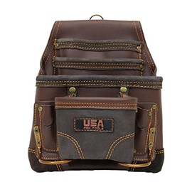 USA Pro Tools Leather Tool Pouch for Carpenter | Best for Electricians, Plumbers, Handyman and Framers | 10 Pockets with 2 Stainless Steel Hammer Holders