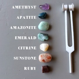 Satin Crystals Chakra Tuning Fork Set Vibrational Healing and 7 Tumbled Stones