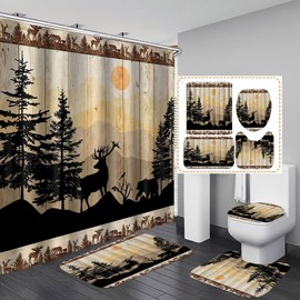 SKAILIÉ 4PCS Rustic Deer Shower Curtain Set, Mountain Pine Tree Forest Black Bear Elk Moose Wildlife Animal Hunting Cabin Lodge Country Farmhouse Bathroom Decor Non-slip Bath Mat Toilet Rugs, Woodland