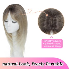 HVVZOY Hair Toppers for Women with Thinning Hair, 360° 3D Toppers Hair Pieces for Women Side Part Clip in Bangs 18 Inch Curly Wavy (Dark brown to beige)