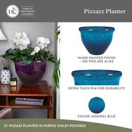 The HC Companies Pizzazz Decorative Round Flower Pots w/Ceramic Look - UV-Resistant Decorative Pot for Outdoor & Indoor Plant Pots - Modern Planter for Flower, Herbs (9” Admiral Blue, Pack of 2)