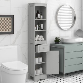 Royard Oaktree Tall Bathroom Cabinet with Drawer and Open Shelves Freestanding Storage Cabinet with Hutch Modern Narrow Kitchen Pantry Sideboard Cabinets for Living Room Office, Grey