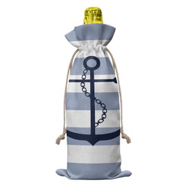 10 Pcs Wine Gift Bag with Drawstrings and Tags, Blue Striped Wine Bottle Cover, Nautical Anchor Coastal Rustic Reusable Wine Bottle Gift Bags for Wedding, Birthday, Party, Housewarming, Home Storage