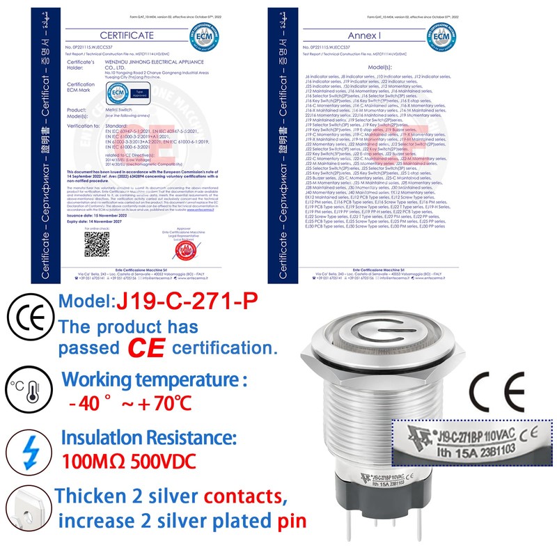 15 Amp 19mm 3/4'' Momentary Push Button Switch 110V-120V AC
