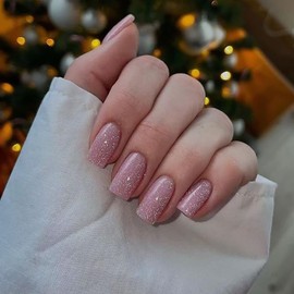 24PCs Press On Nails, Short Square Medium Shape, Solid Dark Color Fake Nails, Stick on Nails Glue on Nails Short Coffin False Nails (Pink Glitter)