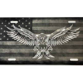 Combo Laser Diamond Etched Engraved US American Flag Eagle Car Tag License Plate