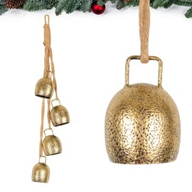 Christmas Bells Decorations,Set of 4 Gold Rustic Vintage Bells,Jingle Bells Christmas Decorations Chimes,Christmas Rope Bells,Christmas Hanging Bell,Cow Bells Christmas