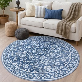 SILOLOOM Round Rug 6 Ft Rugs for Entryway Washable Circle Rug Non Slip Round Living Room Rugs Printed Faux Wool Vintage Round Dining Room Floor Carpet for Living Room, Bedroom, Denim Blue