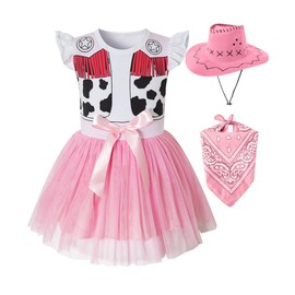 IWALUE Toddler Girls Cowgirl Costume Tulle Skirts Dress Up Cosplay Dresses with Cowboy Hat Bandana（Pink,3T）