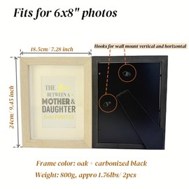 2 Pack 6x8 Wood Picture Frame 6 by 8 Deep Molding Photo Frames Natural Woodgrain for Photos, Posters and Art Prints for Tabletop and Wall Mount Vertical & Horizontal (Oak+Carbonized Black)