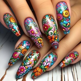 Spring Summer Press on Nails Long Coffin Shaped Fake Nails Colorful Flowers Stick on Nails Glossy Acrylic Glue on Nails Full Cover Artificial False Nails Reusable Nails Kit for Women Girls 24Pcs