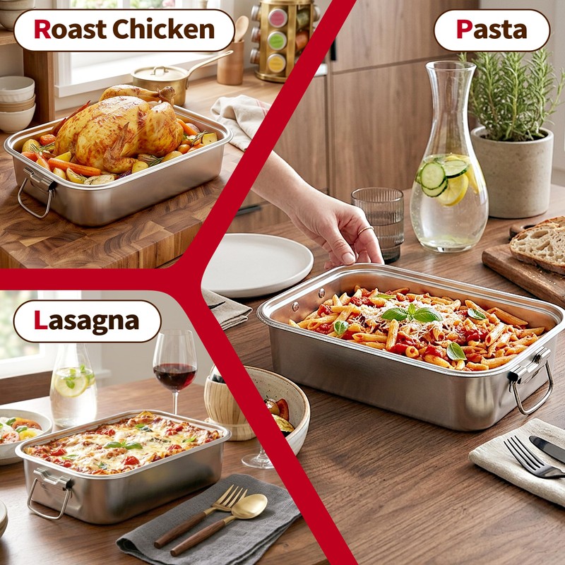 Extra Deep Stainless Steel Lasagna Pan with Loop Handles &