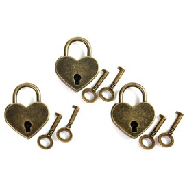 Set of 3 Antique Vintage Heart Shape Mini Padlock with 6 Keys Set, Nostalgia Vintage Antique Art Heart Small Padlock for Diary Love Lock Party Gift Decoration