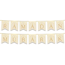 Ramadan Mubarak Bunting Decorations (Natural Beige Letters) - Ramadhan Kareem Banner Flags Hanging Decor for Home Domes Lanterns Moon Star