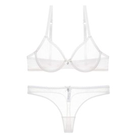 Varsbaby Women's See Through Sheer Mesh Unlined Underwire Everyday Bra and Panties(D303TS-White-36D+N082TS