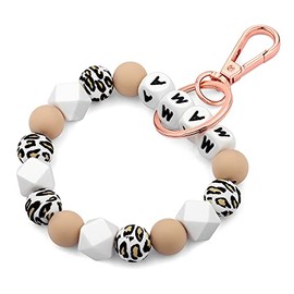 Kemstone Designs Silicone Bracelet Keychain Wristlet,Key Ring Bracelet Beaded Link for Women (White MAMA)