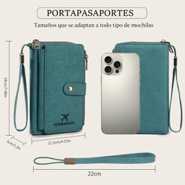 Porta Pasaporte con Bloqueo RFID, Portapasaporte y Visa Impermeable, Porta Pasaporte de Cuero PU con Doble Cremallera, Funda Pasaporte con Porta Bolígrafo y Correa para Mujer y Hombre