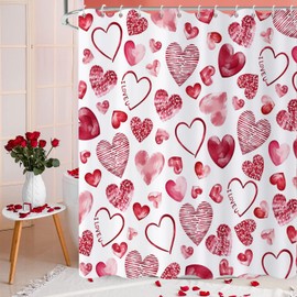 Caheansi Valentine's Day Shower Curtain, Watercolor Red Romantic Heart Love Theme Girly Bathroom Curtain Waterproof Fabric Machine Washable with Hooks, 72" Wx72 L