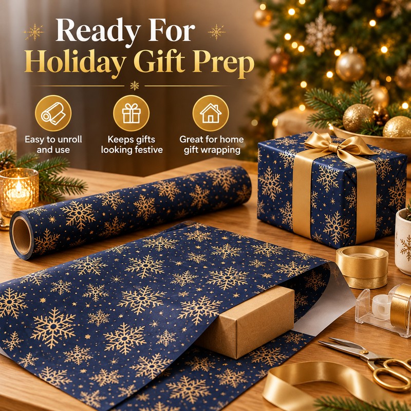 Snowflake Wrapping Paper Roll for Holiday Gifts – Double-Sided Navy