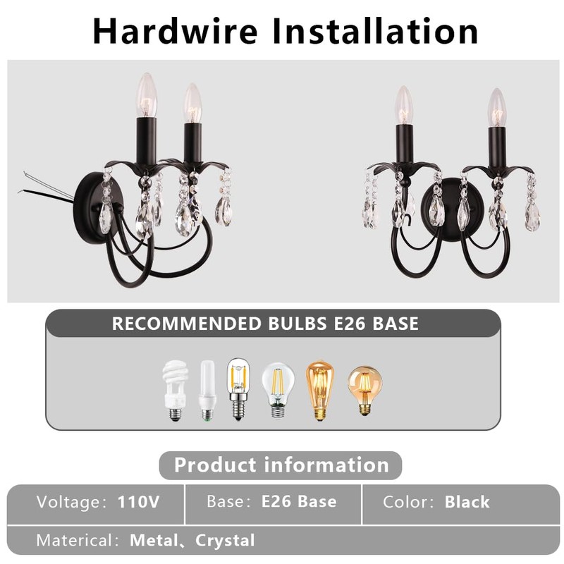 Crystal Wall Sconce,2- Lights Vintage Candle Wall Sconces,Black Wall Lamp,