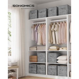 SONGMICS Storage Cubes, 13 x 13 x 13 Inches Non-Woven Fabric Bins with Double Handles, Set of 10, Closet Organizers for Shelves, Foldable, for Clothes, Cattail Gray UROB133G01