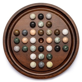 Lingle Deluxe Solitaire Game Set: 12.6'' Solid Wooden Board, 32 Natural Marble Balls, Single-Player Strategy and Smart Games