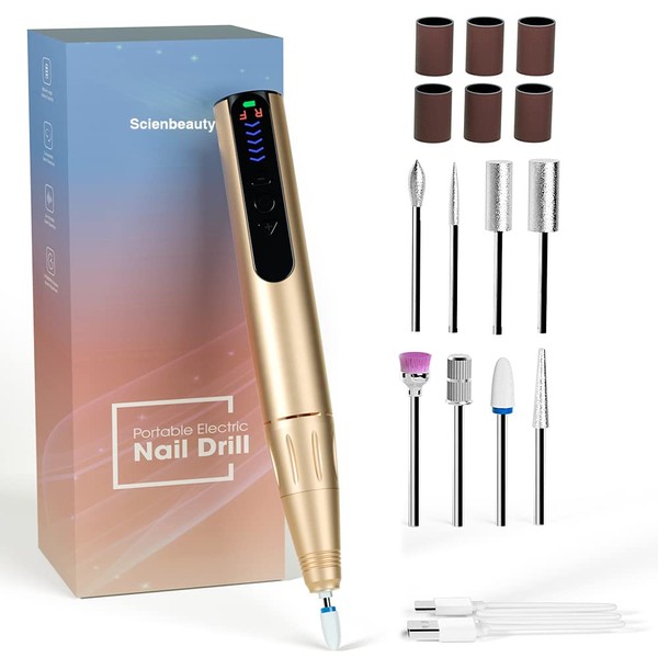 Nail Drill for Acrylic Nails Professional Kit 30000RPM by Scienbeauty, Gel Nails - Full Set with 8 Bits Rechargeable Nail File (Champagne Gold)