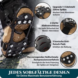 HIKENTURE Grödel Crampons, Shoe Claws with 11 Stainless Steel Teeth Spikes, Non-Slip Crampons, Ice Cleats for Hiking, Trekking, Mountaineering, Ice Fishing, Skiing, Black, XL