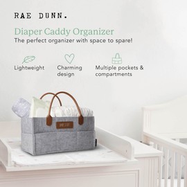 Rae Dunn Organizador de pañales para bebé, organizador de almacenamiento de cosas para bebé, cambiador y coche, cesta portátil para artículos de bebé, regalos de baby shower, fieltro gris con asas de piel, pequeño
