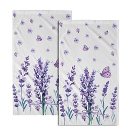 Lavender Flower Hand Towels Set of 2 Purple Butterfly Kitchen Dish Towels Soft Fingertip Bath Bathroom Towel for Face Gym Spa Home Decor