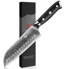 KEEMAKE Damascus Santoku Knife for Kitchen - 7 Inch Extra Sharp Japanese Chef Knife with 67-layer Damascus Steel VG-10 Blade and Ergonomic G10 Glass Fiber Handle