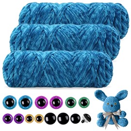 Mngevcy 3 x 150 m Chenille Wool for Crochet, Fluffy Wool, Soft Chenille Yarn with Safety Eyes for Knitting (Sky Blue)