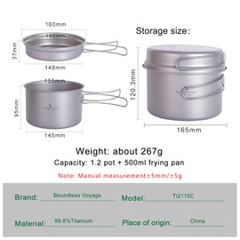 Boundless Voyage Ti2110C Titanium Pot with 500 ml Pan Ultralight Cooking Utensils Measuring Kit Soup Pot with Folding Handle for Outdoor Picnic Kitchen 1200 ml