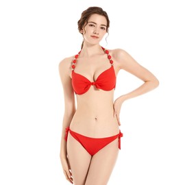 EONAR Women's Side Tied Bikini Sets Removable Swimwear Push Up Bikini Top with Neck Straps, red