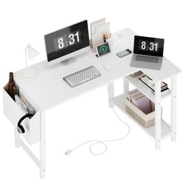 Lufeiya White L Shaped Computer Desk with Power Outlet Shelves, 40 Inch Small Reversible Corner Desk for Small Space Home Office, L-Shaped Desk PC Desks, White