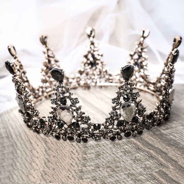Aukmla Black Crown Gothic Wedding Headpiece Tiara Dolce Baroque Crown Bridal Crystal Tiara Diadem Cosplay Dark Evil Queen Crown for Women and Girls(Black-2)