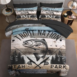 WeCozy 7 Pcs Queen Size Comforter Set with 2 Pillowcases & 2 Shams, Vintage Fishing Fish Bedding for Kids and Adults, Retro Lake Wood Bed in a Bag with Flat Fitted Sheet