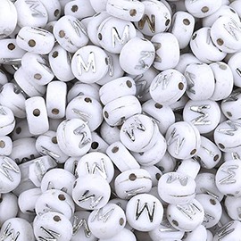 100PCS Letter Beads White Round Acrylic Alphabet Beads Silver Letter M Beads for Jewelry Making Bracelets Necklaces Key Chains DIY 4X7mm
