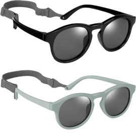 WINDCHASER Baby Sunglasses, 2 Pieces Infant Soft Toddler Sunglasses Polarized with Strap for 0-36 Months (Black+Blue)