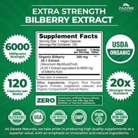 Zazzee USDA Organic Bilberry 20:1 Extract, 6000 mg Strength, 120 Vegan Capsules, 4 Month Supply, Standardized and Concentrated 20X Extract, 100% Vegetarian, All-Natural, Non-GMO, Made in The USA