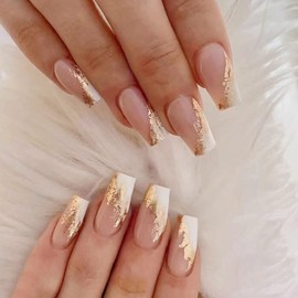 MERVF Coffin Press on Nails Long Fake Nails White French Tip Ballerina Glue on Nails with Gold Designs Acrylic Nails Artificial Glossy False Nails 24pcs