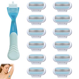 Musiook 12 Pcs Womens Razor Blades with Blue Handle, 3-Layer Razor Heads with Pivoting Design, Refill Blades for Women Razors for Shaving, Extra Smooth & Easy to Replace
